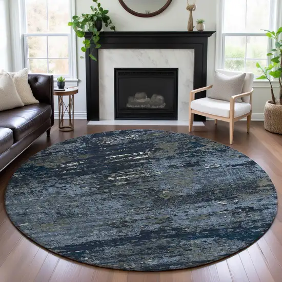 8' X 8' Blue Ivory And Gray Abstract Washable Round Rug With UV Protection Photo 4