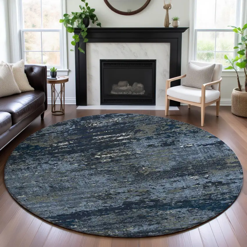 8' X 8' Blue Ivory And Gray Abstract Washable Round Rug With UV Protection Photo 4