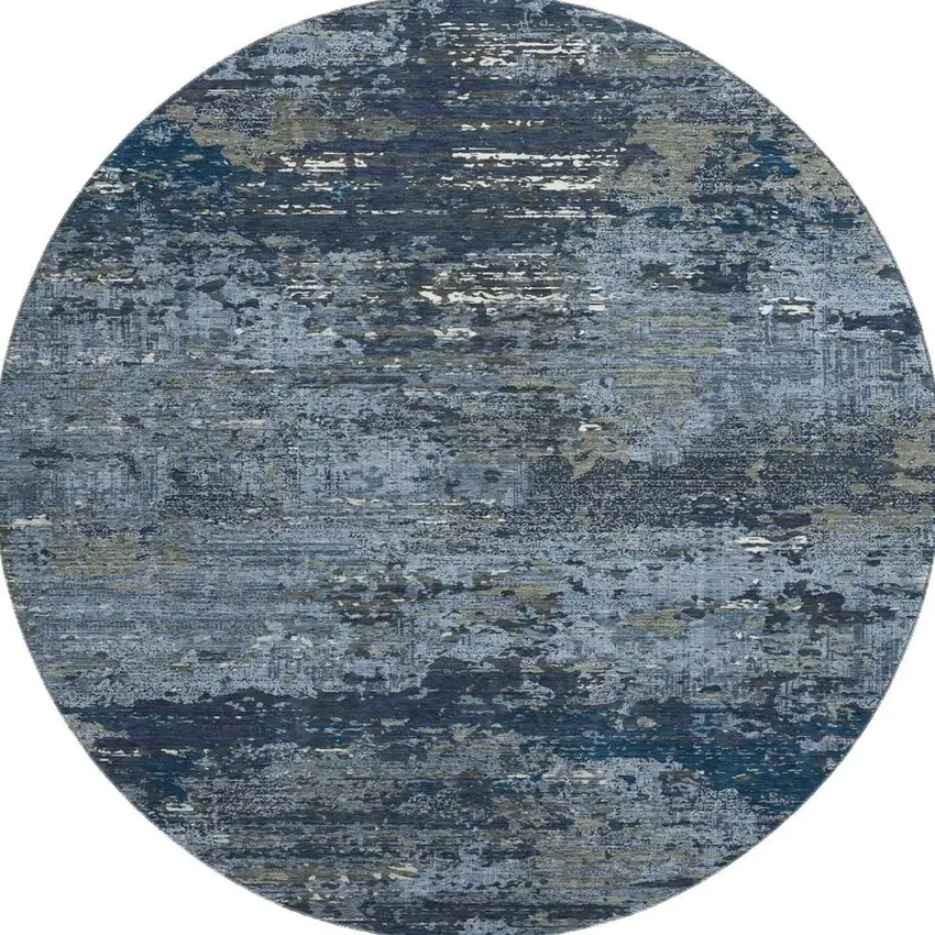 8' X 8' Blue Ivory And Gray Abstract Washable Round Rug With UV Protection Photo 3