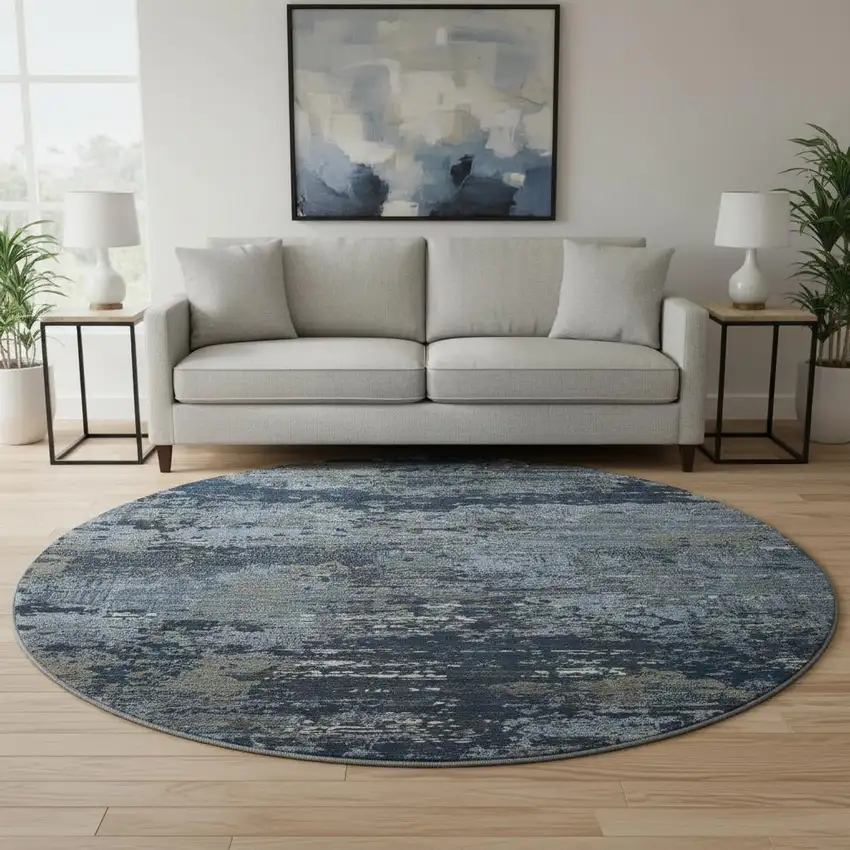8' X 8' Blue Ivory And Gray Abstract Washable Round Rug With UV Protection Photo 2