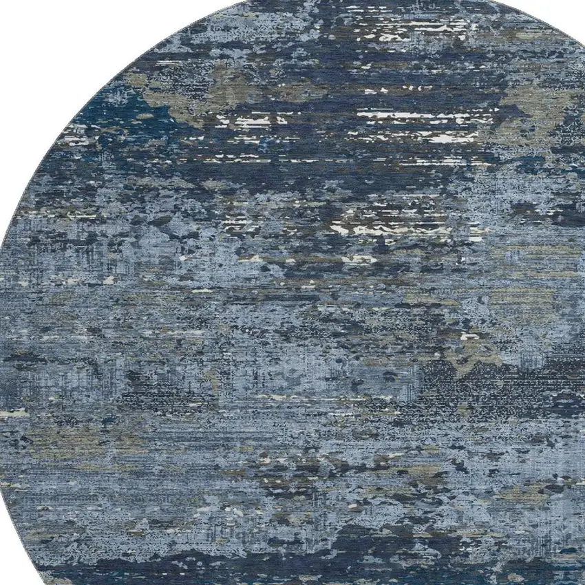 8' X 8' Blue Ivory And Gray Abstract Washable Round Rug With UV Protection Photo 2