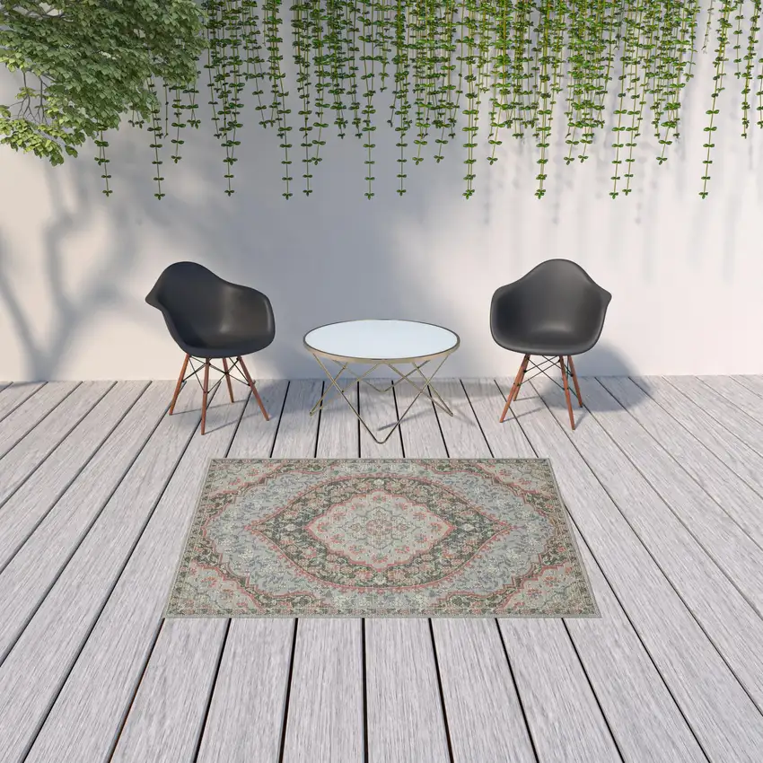 5' X 8' Blue Oriental Stain Resistant Indoor Outdoor Area Rug Photo 3