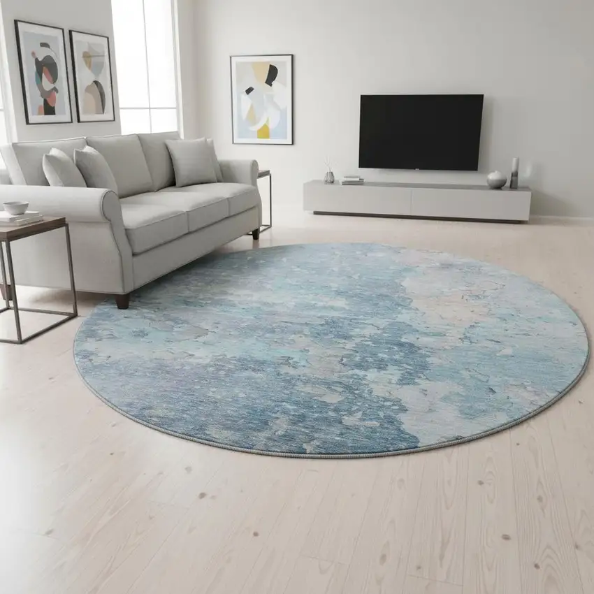 8' X 8' Blue Pink And Gray Abstract Washable Round Rug With UV Protection Photo 2
