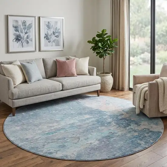 8' X 8' Blue Pink And Gray Abstract Washable Round Rug With UV Protection Photo 1