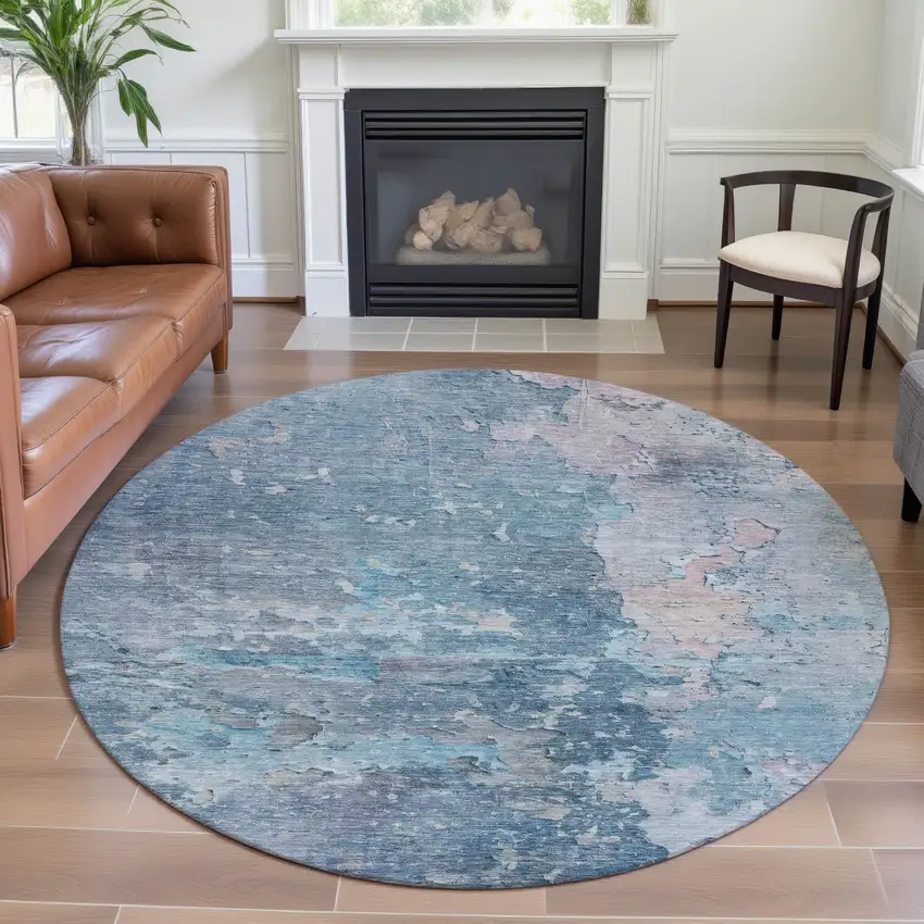 8' X 8' Blue Pink And Gray Abstract Washable Round Rug With UV Protection Photo 4