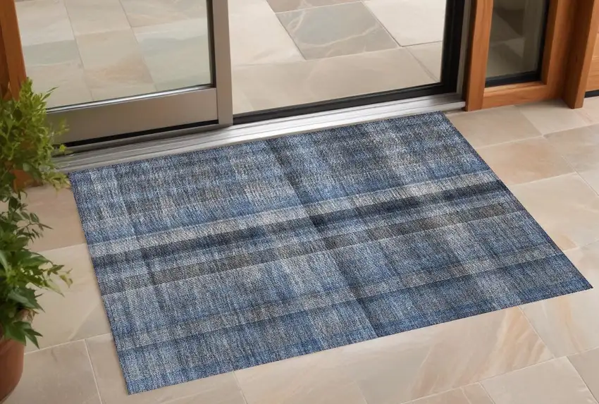 Blue Plaid Washable Non Skid Indoor Outdoor Area Rug Photo 1
