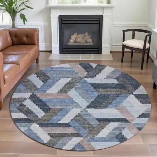8' X 8' Blue Silver And Gray Geometric Washable Round Rug With UV Protection Photo 4