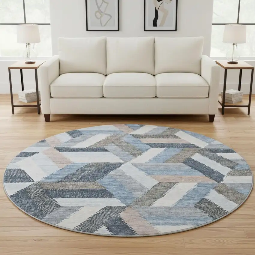 8' X 8' Blue Silver And Gray Geometric Washable Round Rug With UV Protection Photo 2