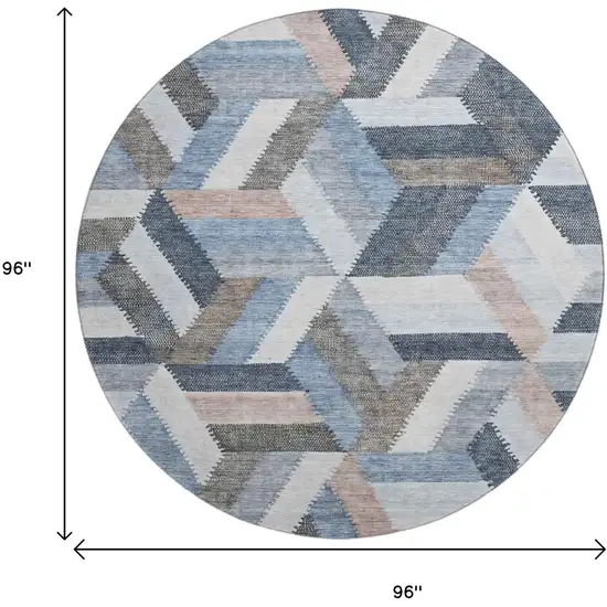 8' X 8' Blue Silver And Gray Geometric Washable Round Rug With UV Protection Photo 9