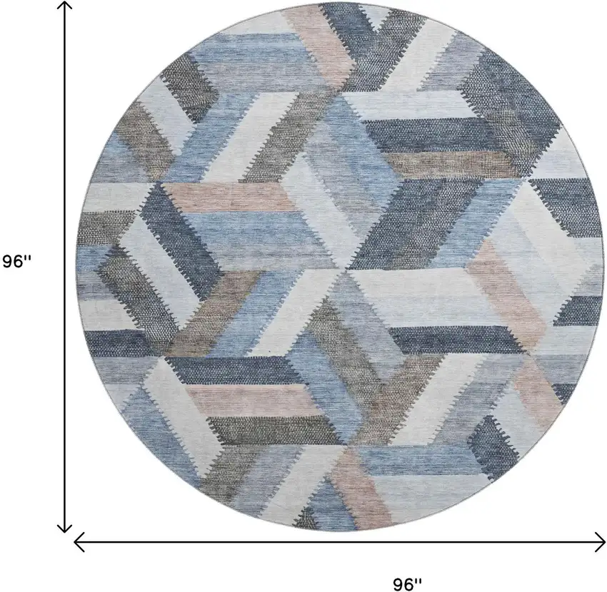 8' X 8' Blue Silver And Gray Geometric Washable Round Rug With UV Protection Photo 9