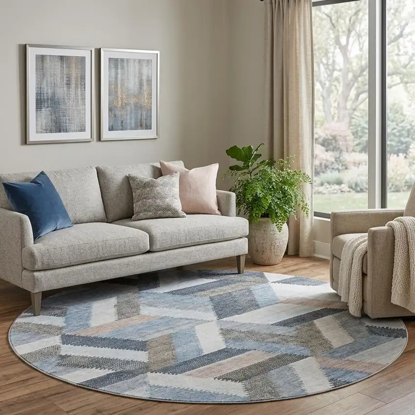8' X 8' Blue Silver And Gray Geometric Washable Round Rug With UV Protection Photo 1