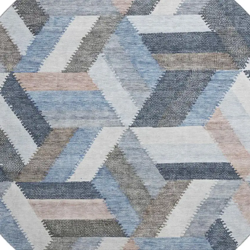 8' X 8' Blue Silver And Gray Geometric Washable Round Rug With UV Protection Photo 2