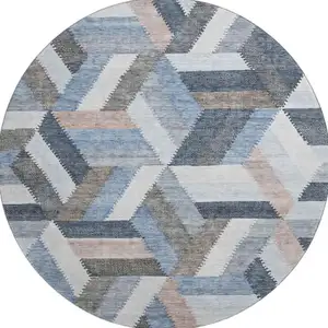 Photo of 8' X 8' Blue Silver And Gray Geometric Washable Round Rug With UV Protection