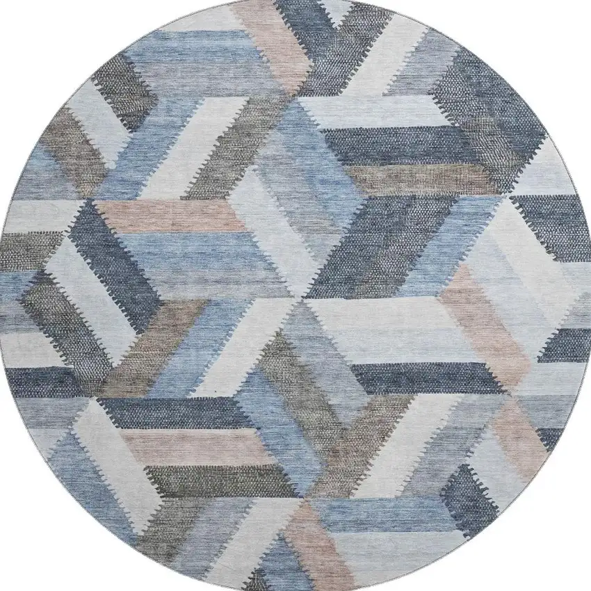 8' X 8' Blue Silver And Gray Geometric Washable Round Rug With UV Protection Photo 3