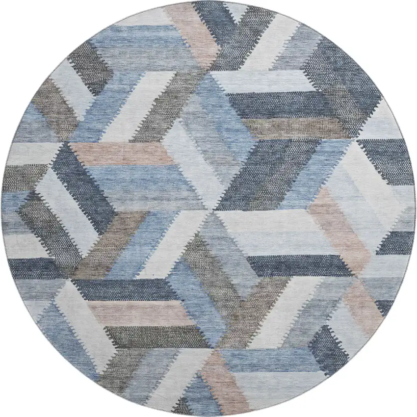 8' X 8' Blue Silver And Gray Geometric Washable Round Rug With UV Protection Photo 1