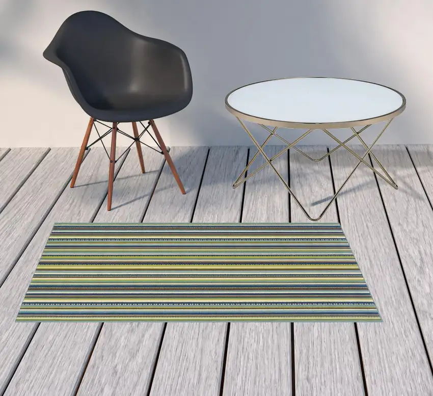 3' X 5' Blue Striped Stain Resistant Indoor Outdoor Area Rug Photo 2