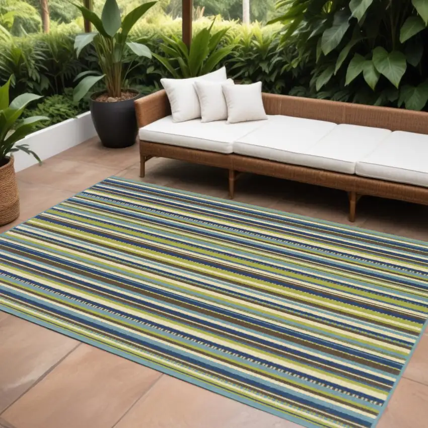 Blue and Green Striped Stain Resistant Indoor Outdoor Area Rug Photo 1