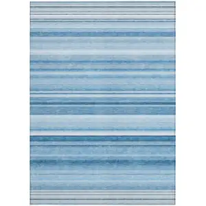 Photo of 3' X 5' Blue Striped Washable Non Skid Indoor Outdoor Area Rug