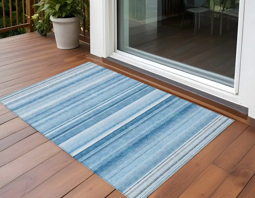 Blue Striped Washable Non Skid Indoor Outdoor Area Rug Photo 1