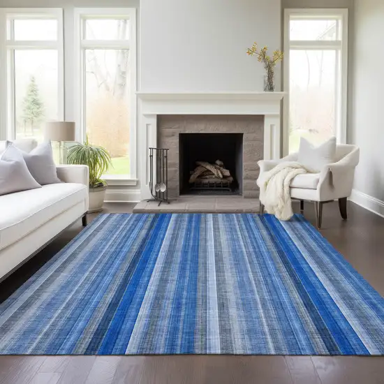 Blue Striped Washable Non Skid Indoor Outdoor Area Rug Photo 9