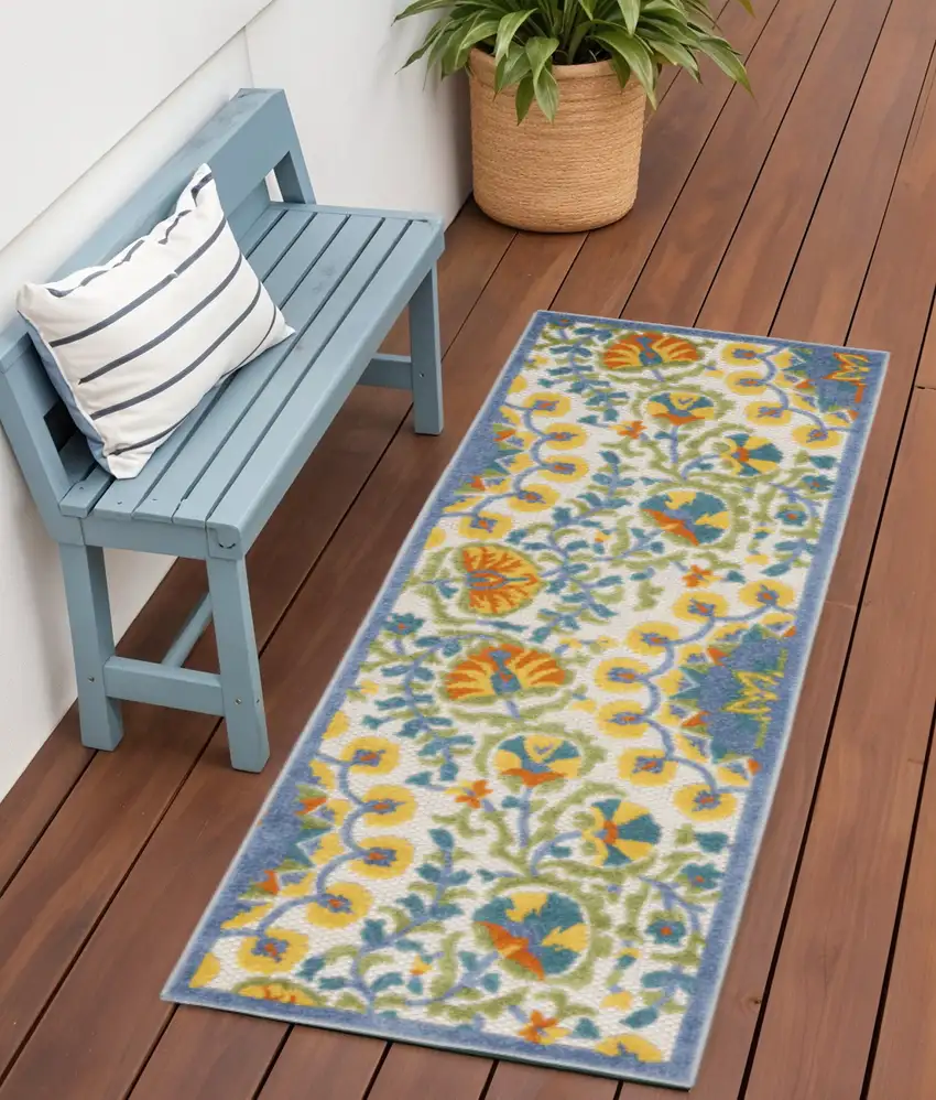 6' Blue And Yellow Indoor Outdoor Runner Rug Photo 2