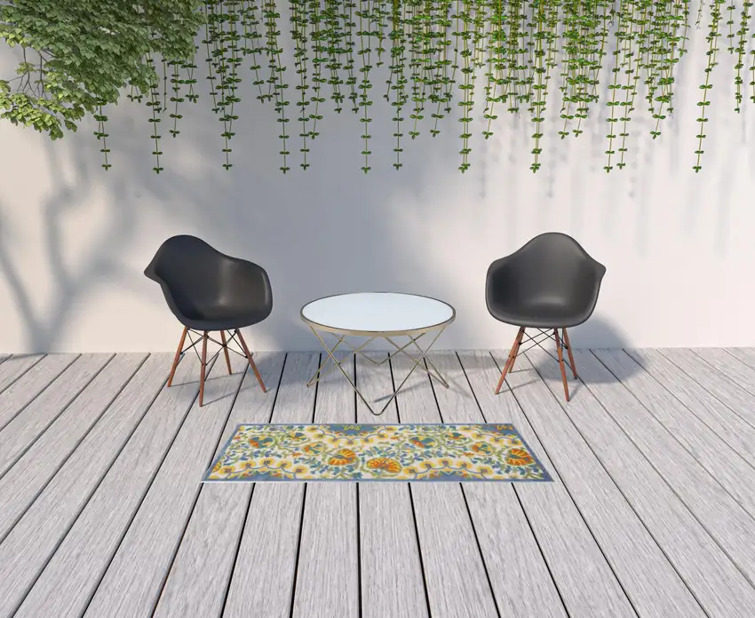 2' X 6' Blue Yellow And White Toile Non Skid Indoor Outdoor Runner Rug Photo 2