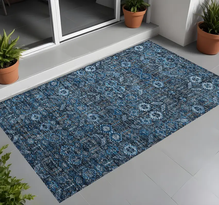 3' X 4' Blue and Black Floral Washable Non Skid Indoor Outdoor Area Rug Photo 1
