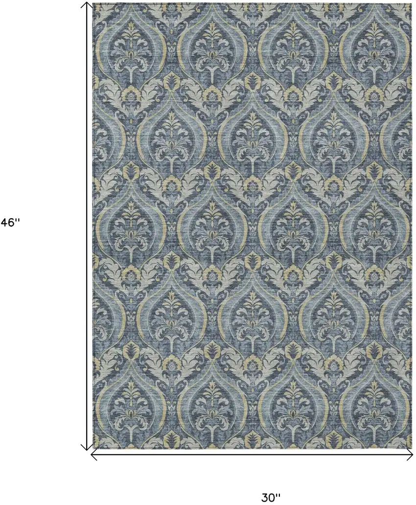 Blue and Cream Damask Washable Non Skid Indoor Outdoor Area Rug Photo 3