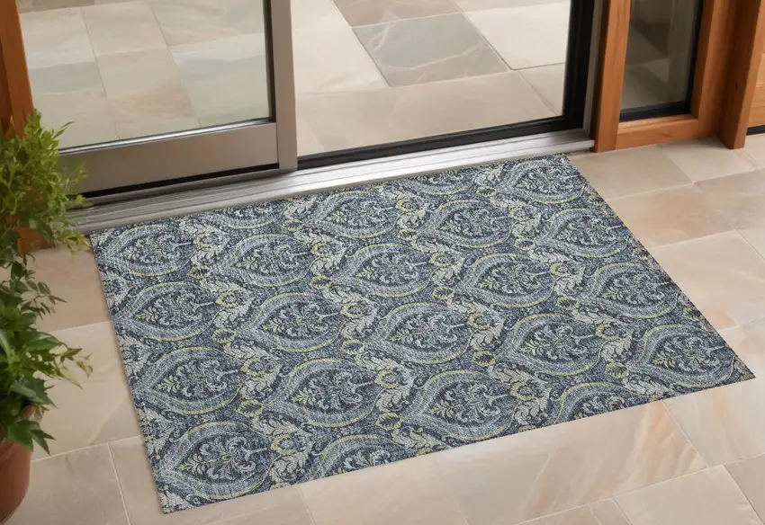 3' X 4' Blue and Cream Damask Washable Non Skid Indoor Outdoor Area Rug Photo 1
