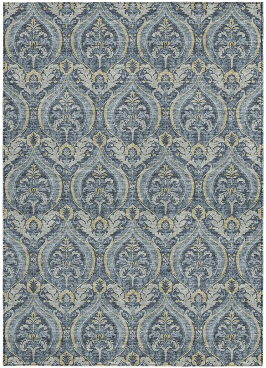 Blue and Cream Damask Washable Non Skid Indoor Outdoor Area Rug Photo 5