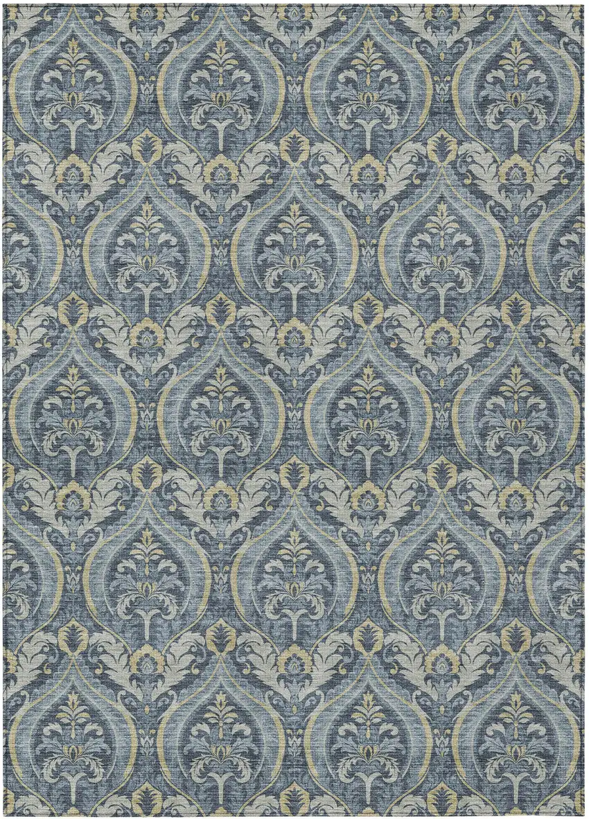 3' X 4' Blue and Cream Damask Washable Non Skid Indoor Outdoor Area Rug Photo 2