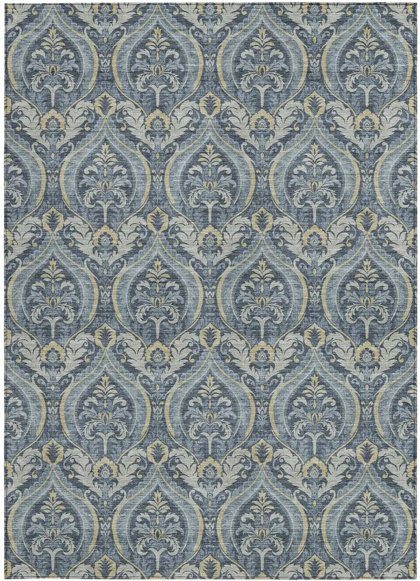 3' X 4' Blue and Cream Damask Washable Non Skid Indoor Outdoor Area Rug Photo 4