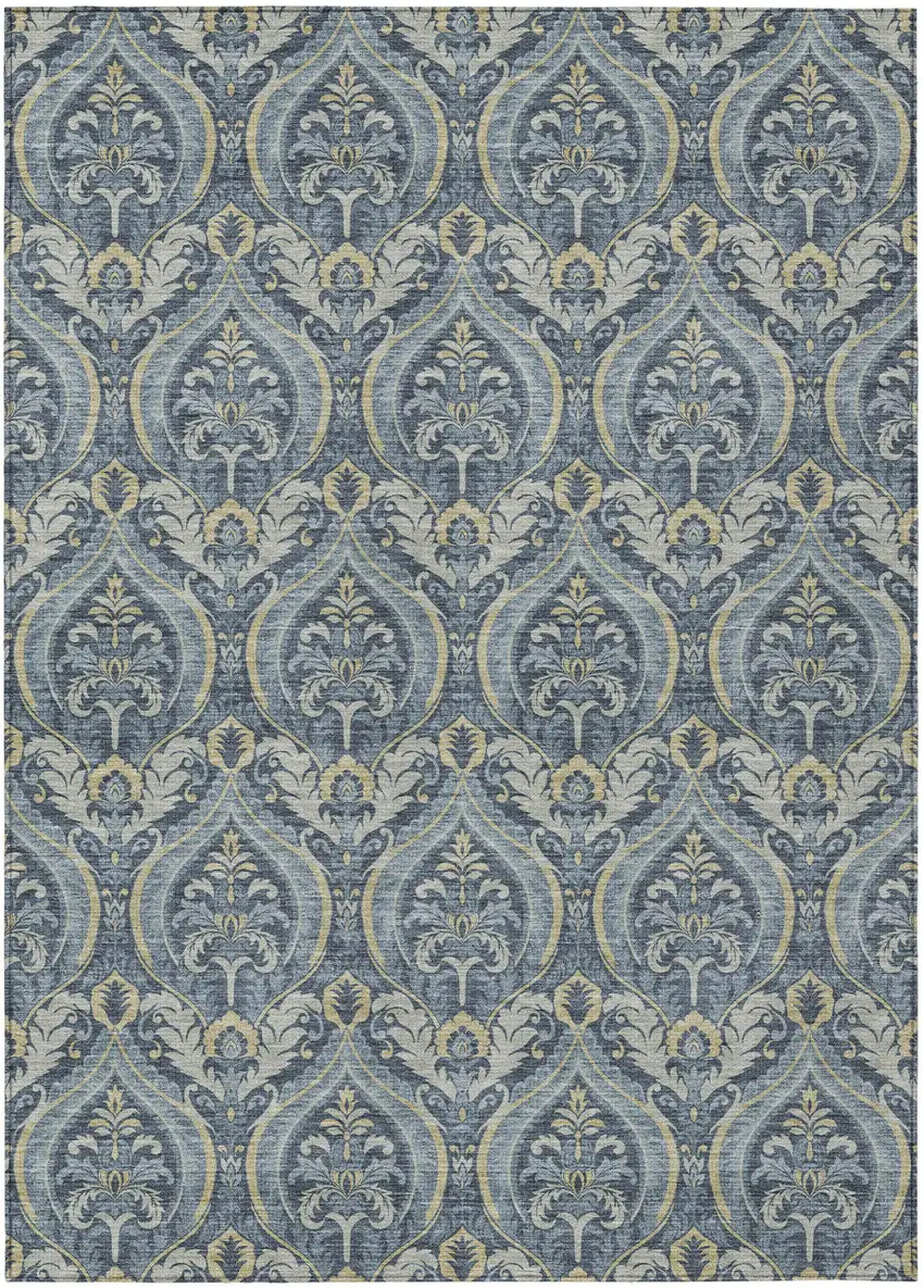 Blue and Cream Damask Washable Non Skid Indoor Outdoor Area Rug Photo 2