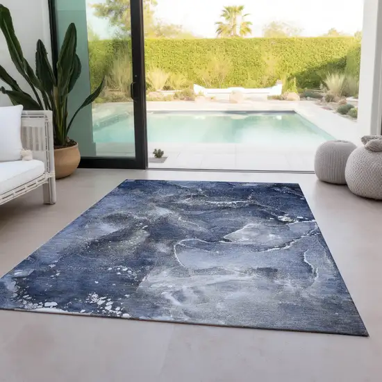 Blue and Gray Abstract Washable Non Skid Indoor Outdoor Area Rug Photo 9