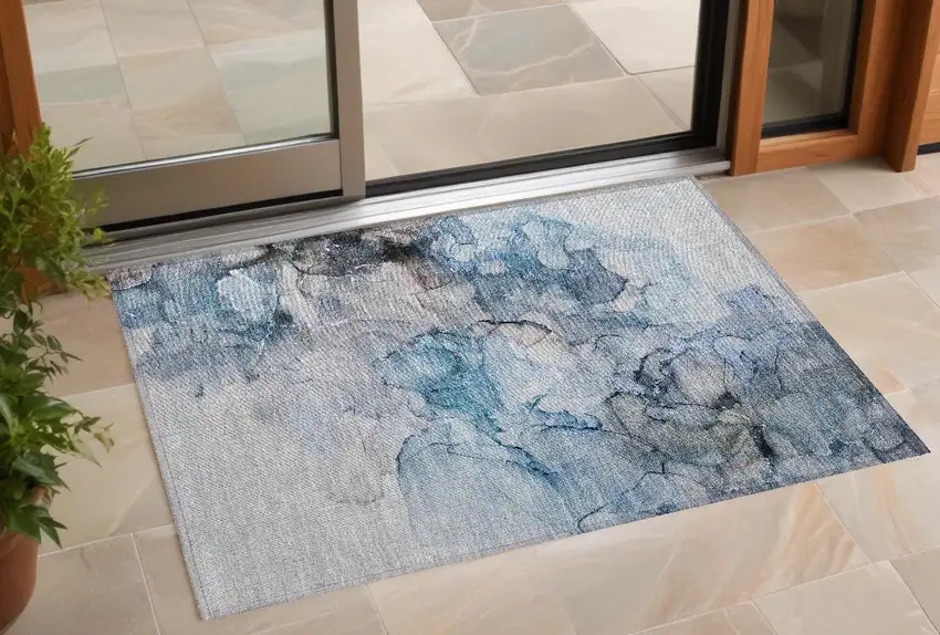 3' X 5' Blue and Gray Abstract Washable Non Skid Indoor Outdoor Area Rug Photo 1