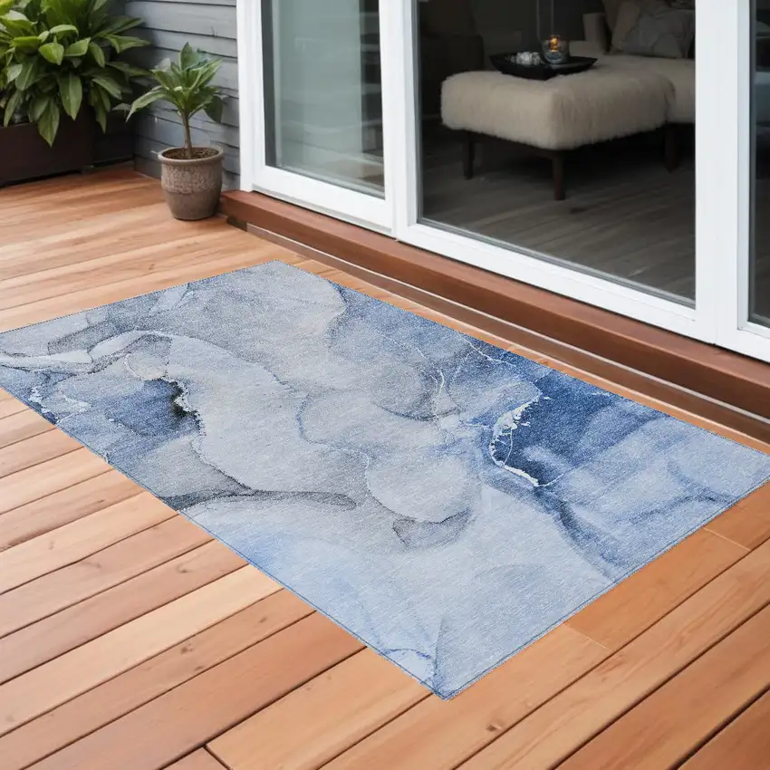 Blue and Gray Abstract Washable Non Skid Indoor Outdoor Area Rug Photo 1