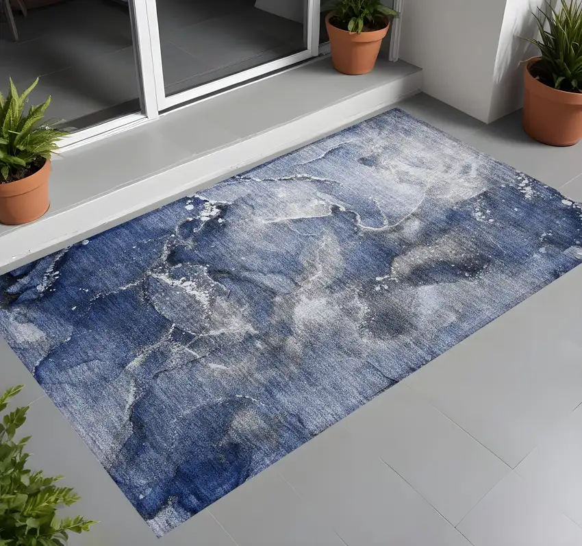 3' X 4' Blue and Gray Abstract Washable Non Skid Indoor Outdoor Area Rug Photo 1