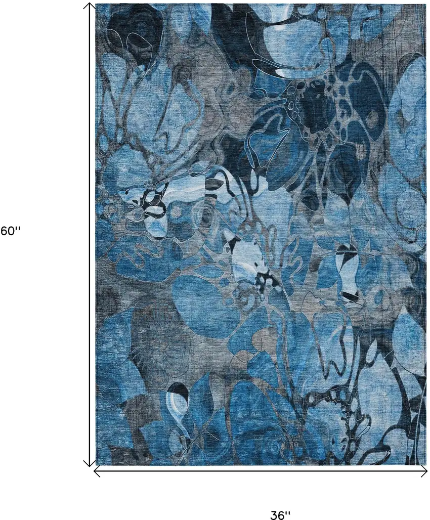 3' X 5' Blue and Gray Abstract Washable Indoor Outdoor Area Rug Photo 3