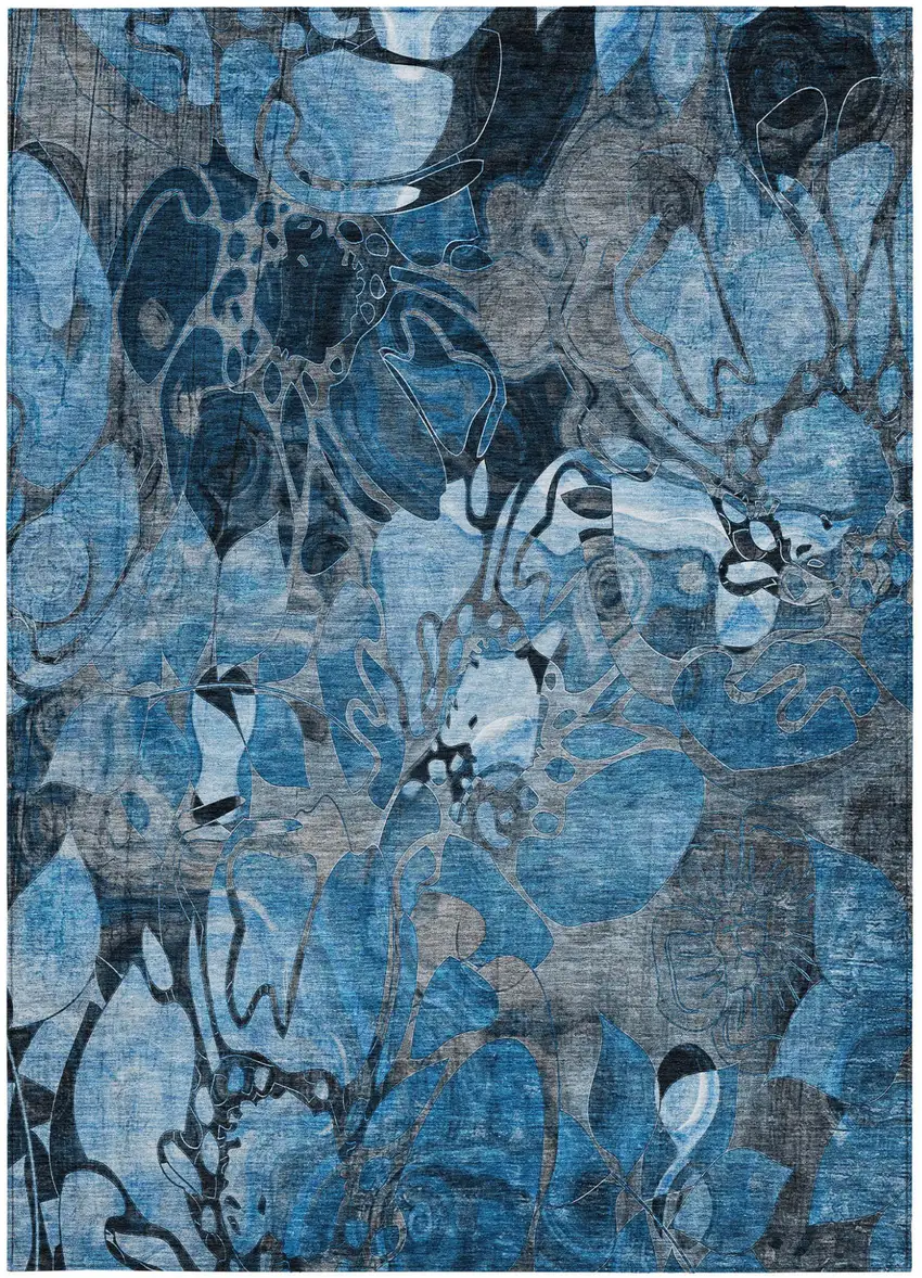3' X 5' Blue and Gray Abstract Washable Indoor Outdoor Area Rug Photo 5