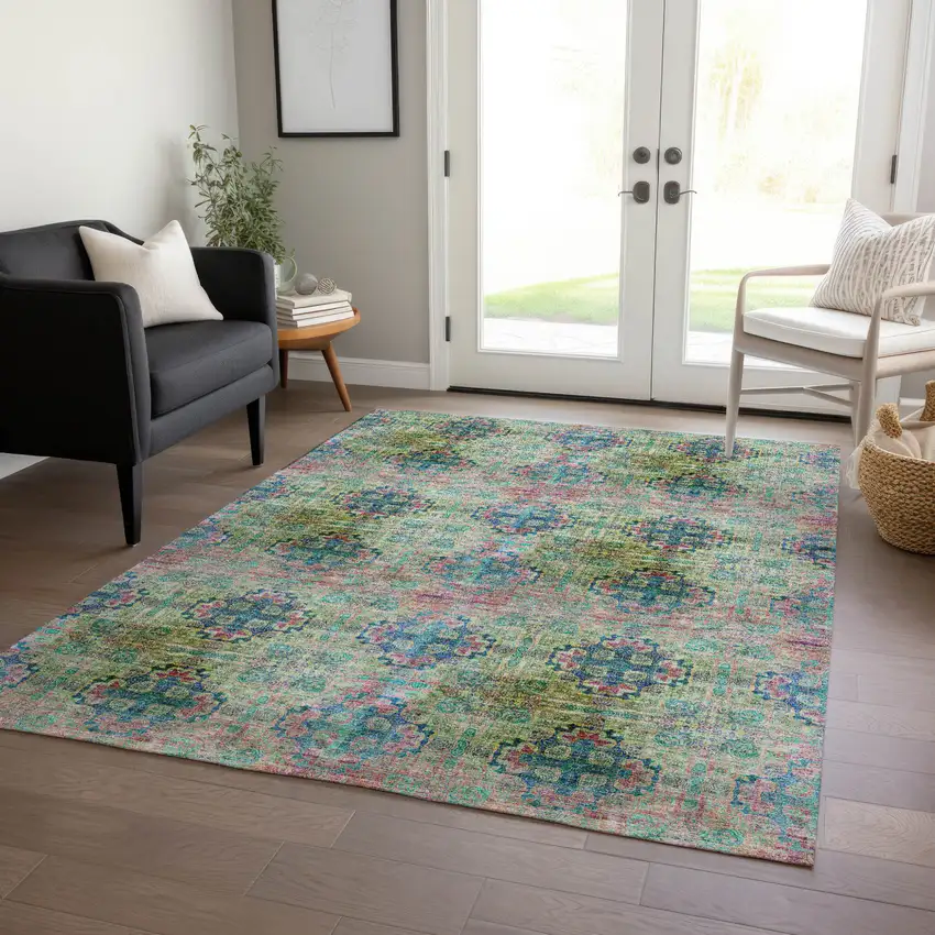 Blue and Green Floral Medallion Washable Non Skid Indoor Outdoor Area Rug Photo 9