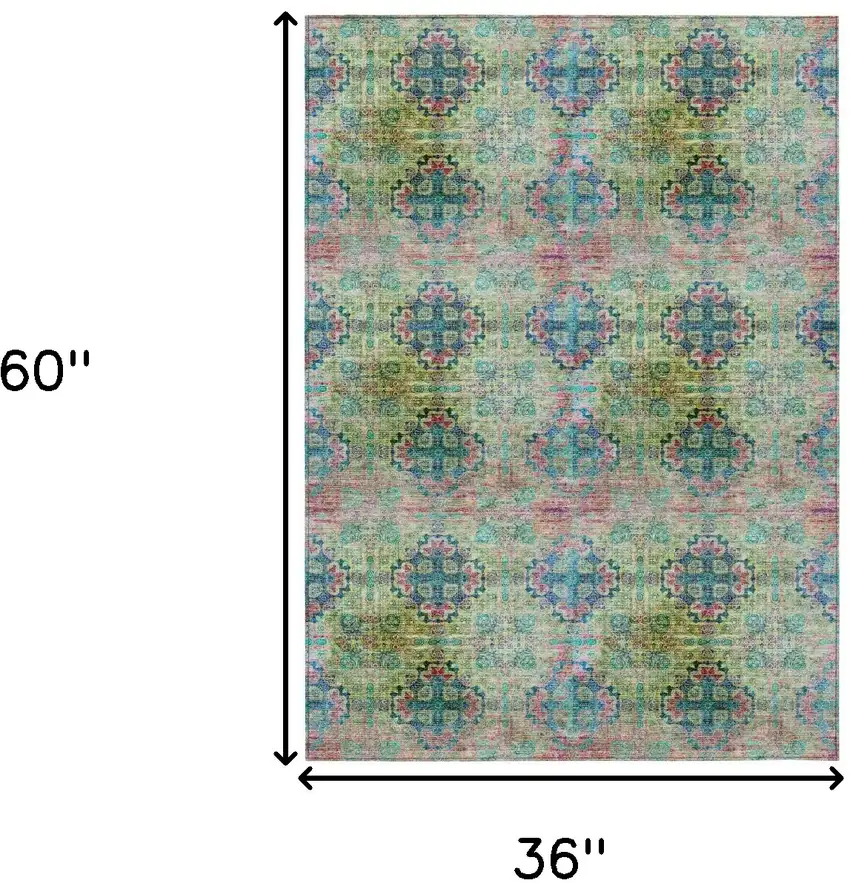 Blue and Green Floral Medallion Washable Non Skid Indoor Outdoor Area Rug Photo 3