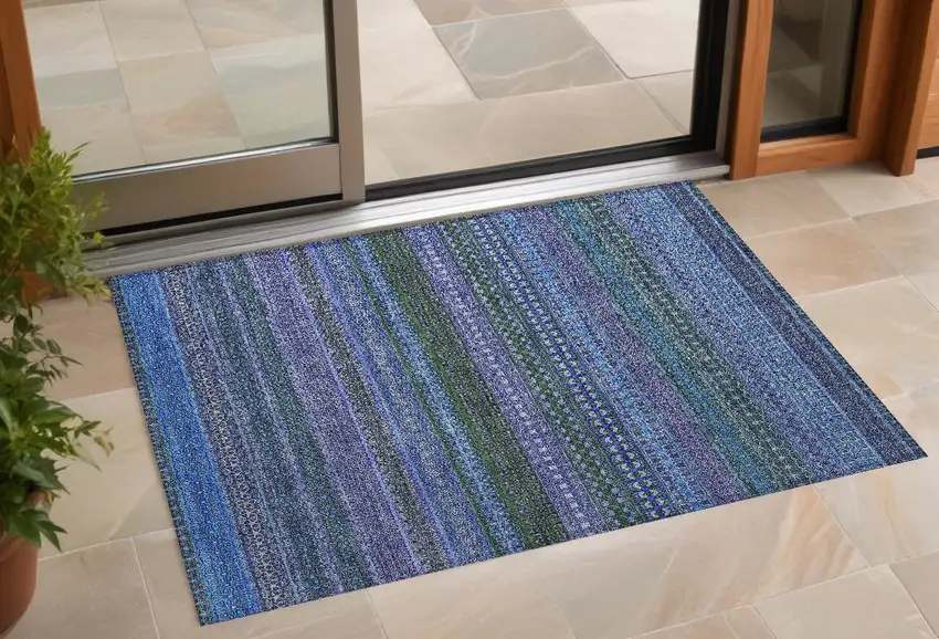 3' X 4' Blue and Green Striped Washable Non Skid Indoor Outdoor Area Rug Photo 1