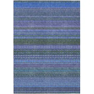 Photo of 3' X 4' Blue and Green Striped Washable Non Skid Indoor Outdoor Area Rug