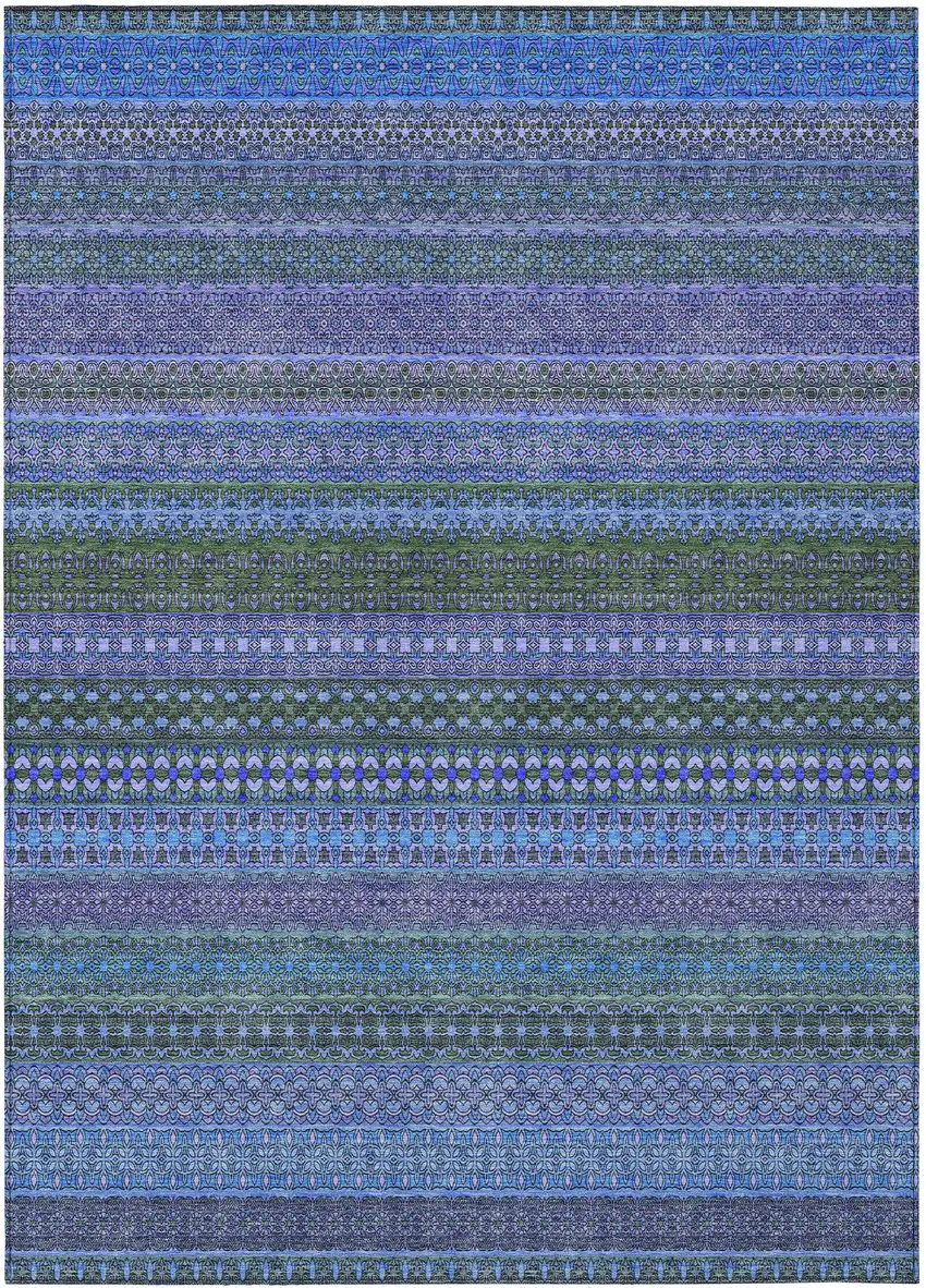 3' X 4' Blue and Green Striped Washable Non Skid Indoor Outdoor Area Rug Photo 2