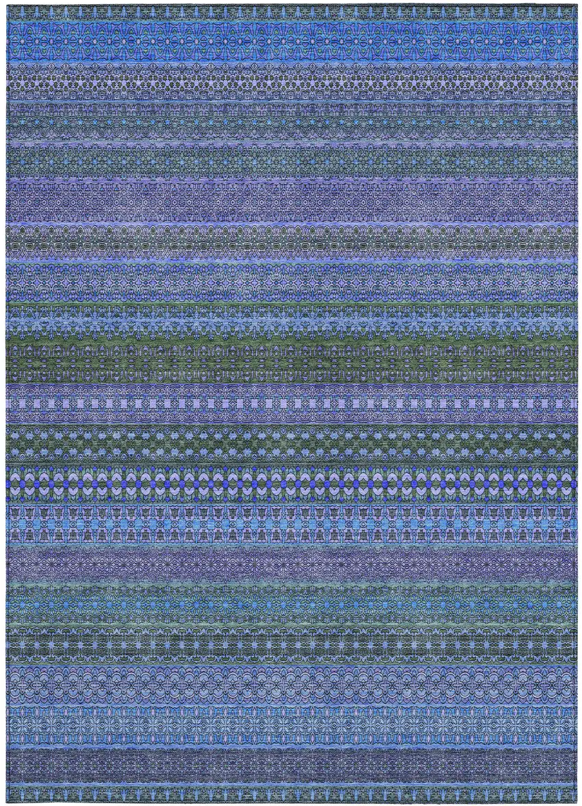 3' X 4' Blue and Green Striped Washable Non Skid Indoor Outdoor Area Rug Photo 4