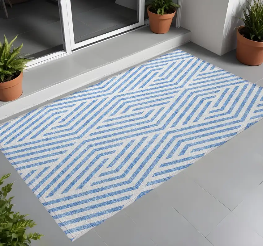 Blue and Ivory Geometric Washable Non Skid Indoor Outdoor Area Rug Photo 1