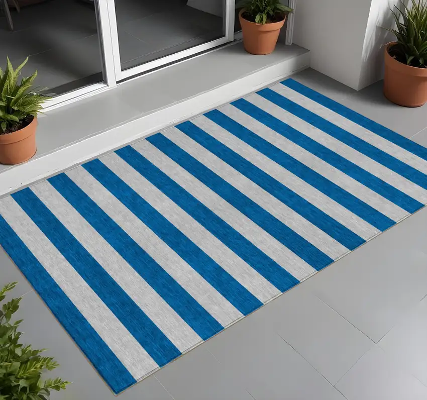 Blue and Ivory Striped Washable Indoor Outdoor Area Rug Photo 2