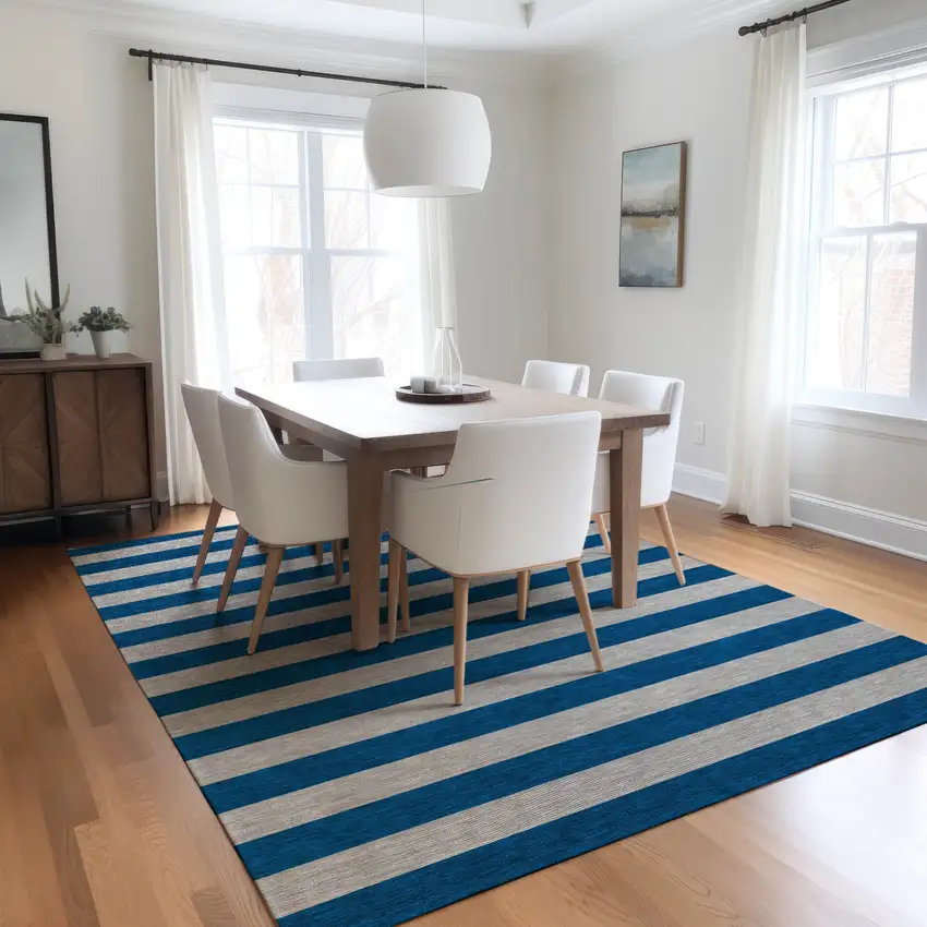 Blue and Ivory Striped Washable Indoor Outdoor Area Rug Photo 7