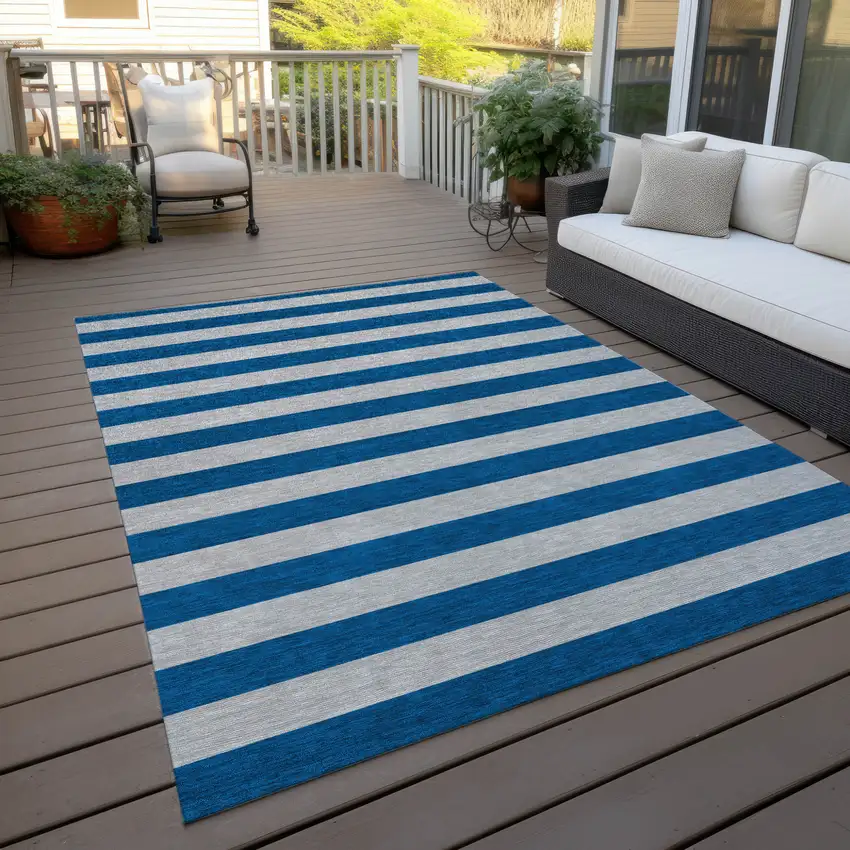 Blue and Ivory Striped Washable Indoor Outdoor Area Rug Photo 9