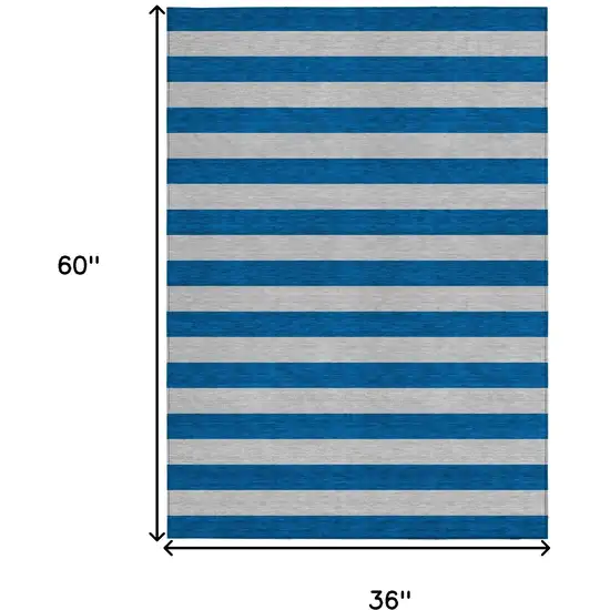 Blue and Ivory Striped Washable Indoor Outdoor Area Rug Photo 6